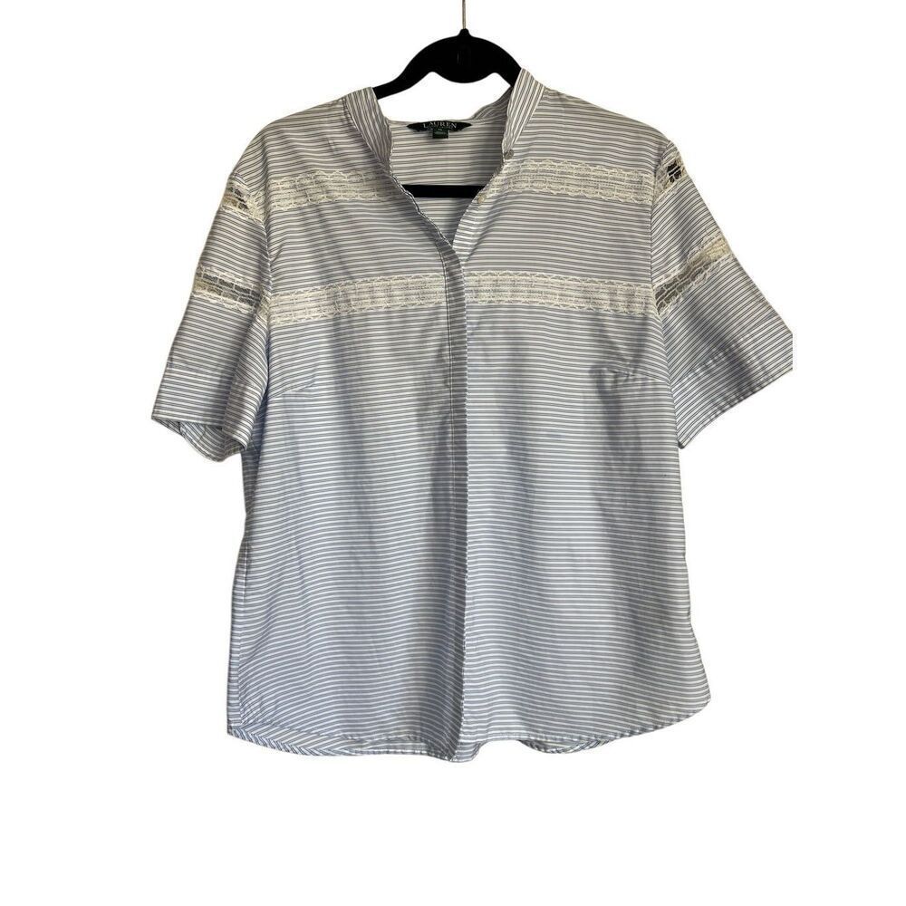 Lauren Ralph Lauren Top Womens XL White Blue Striped Button Down Short Sleeve